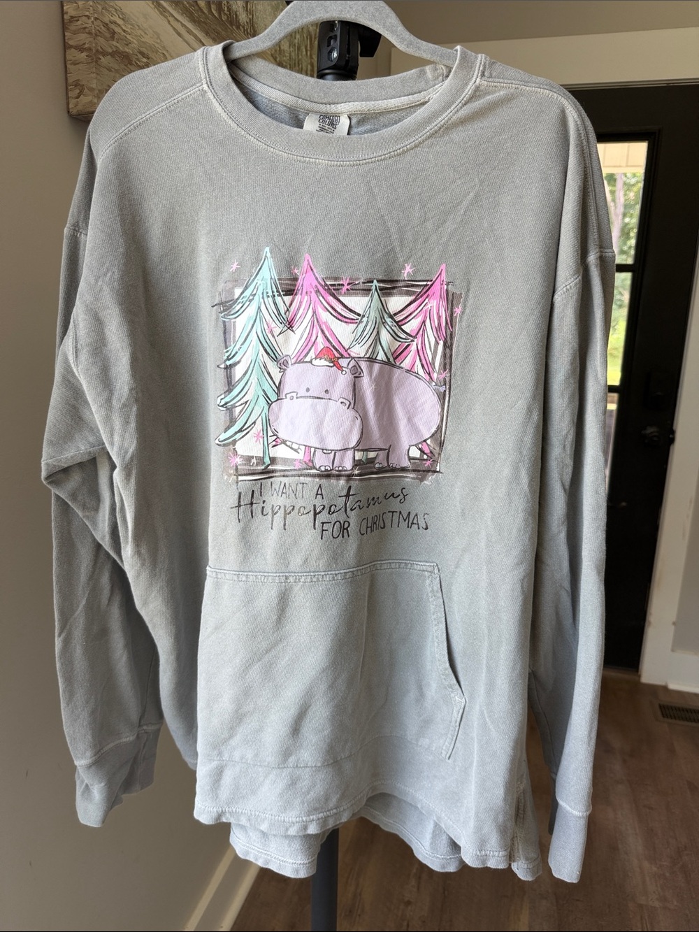 Women’s Christmas Gray Holiday Hippo Graphic Pullover